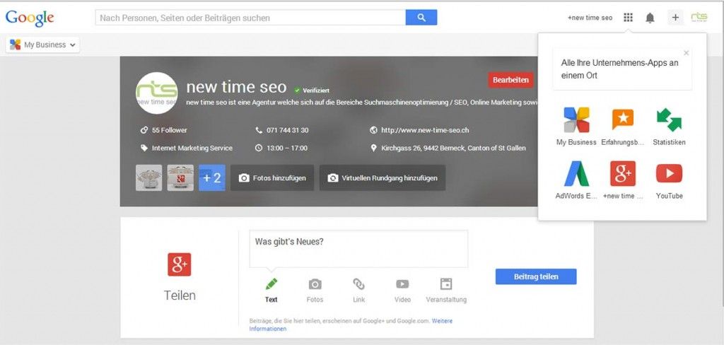 Google my business Benutzeroberfläche