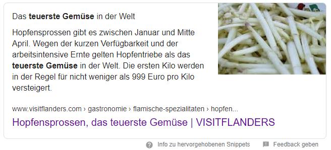 Screenshot eines Featured Snippets im Text-Format: Hier beantwortet es die Frage nach dem teuersten Gemüse der Welt, nämlich Hopfensprossen